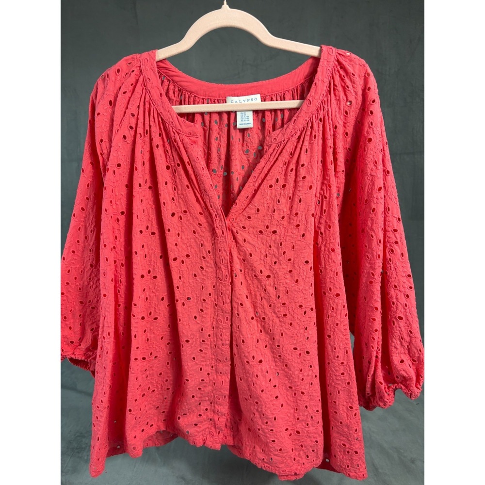 Calypso St. Barth Womens Coral Eyelet Embroidered Peasant Top Blouse Resort   3X